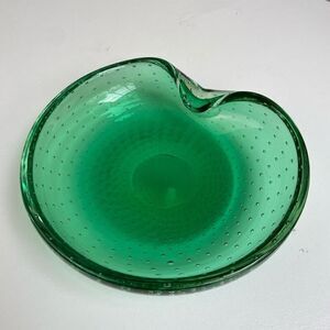 Vintage Emerald Green Bullicante Controlled Bubble Handblown Glass Dish Ashtray
